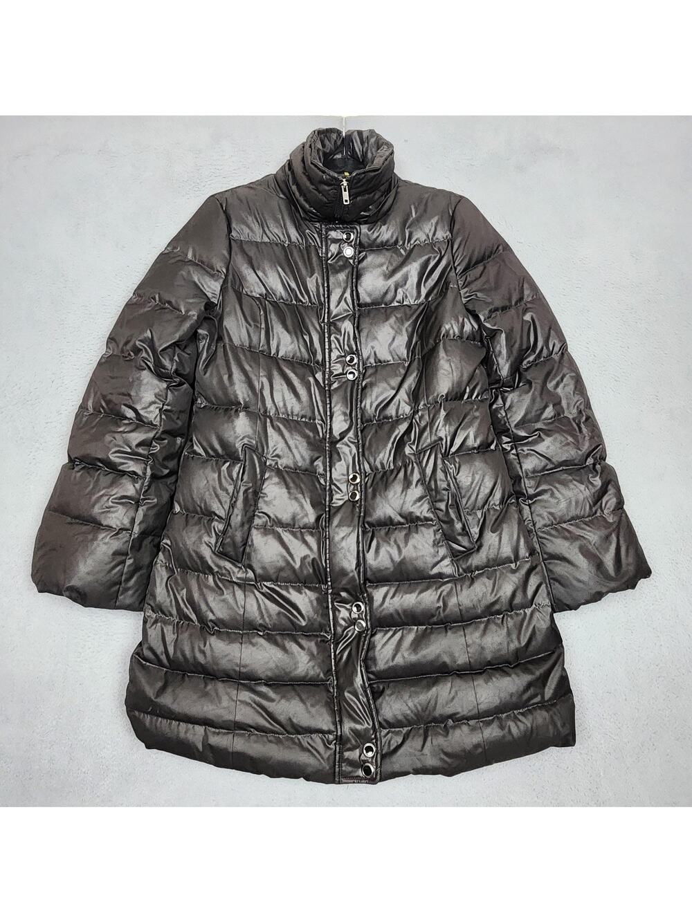 Soia & Kyo Down Puffer Coat Womens Medium Black Quilted Zip Mid Length Warm